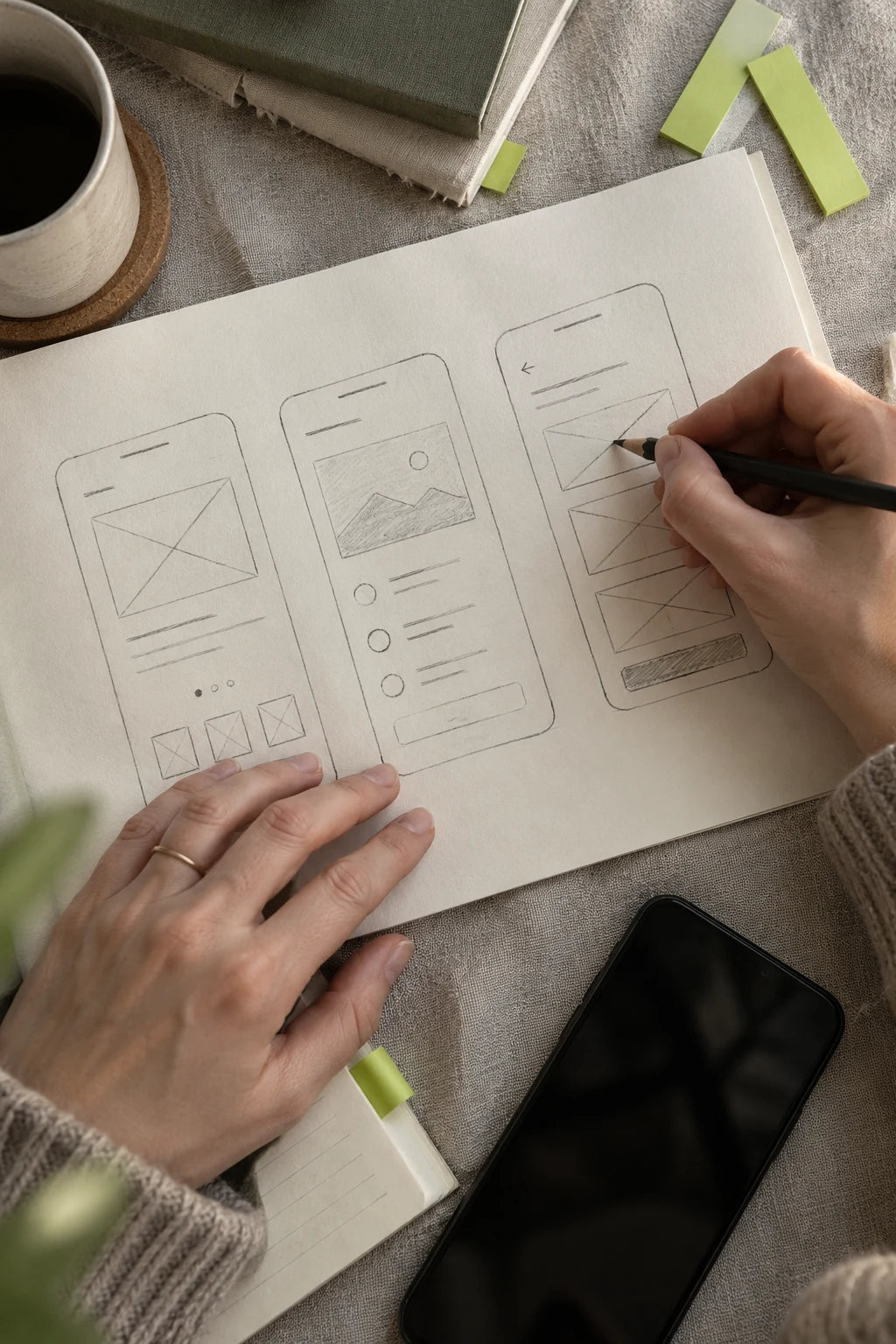 Illustrative photograph of app user flows being sketched on paper