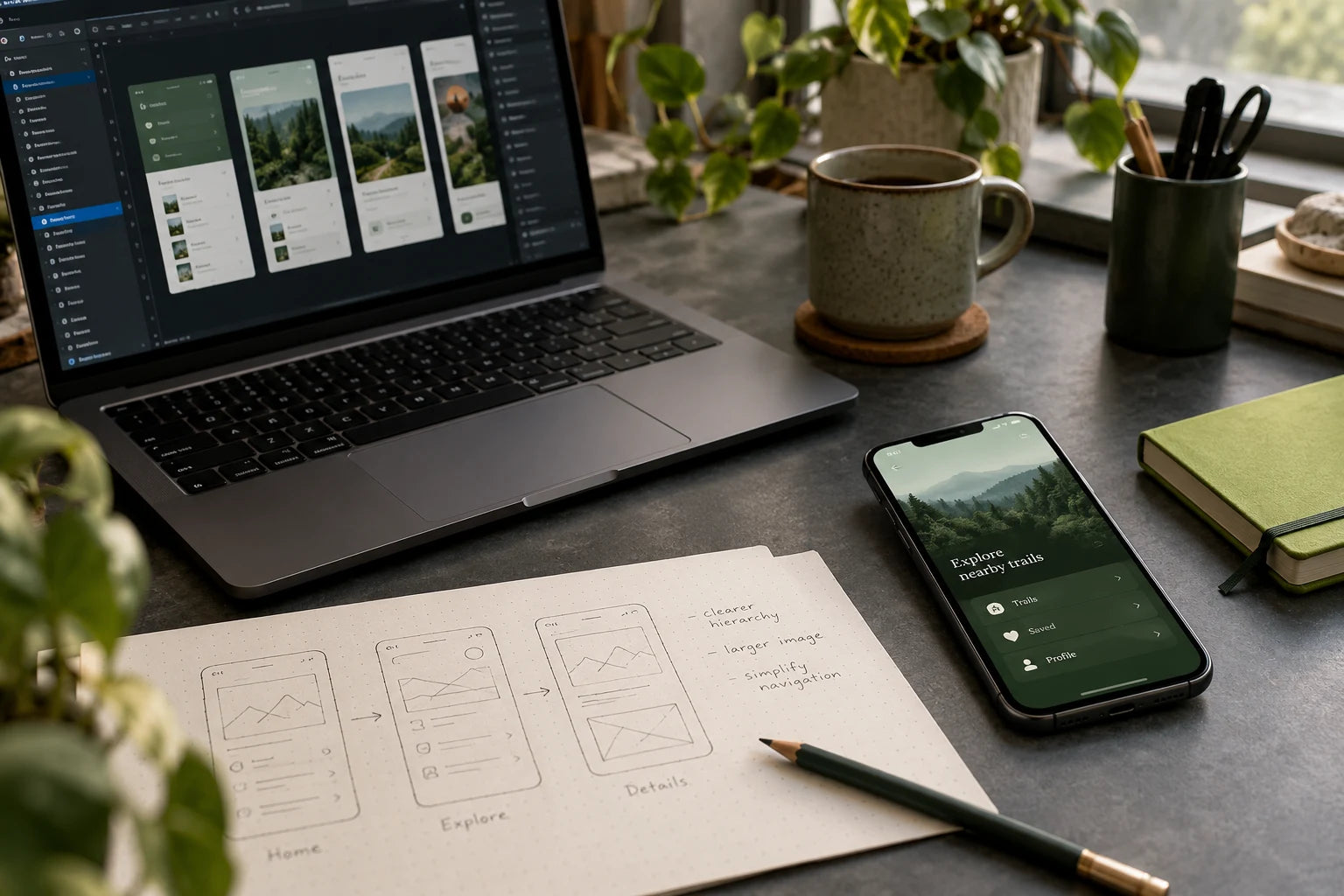 Illustrative mobile design workspace with wireframes and a laptop