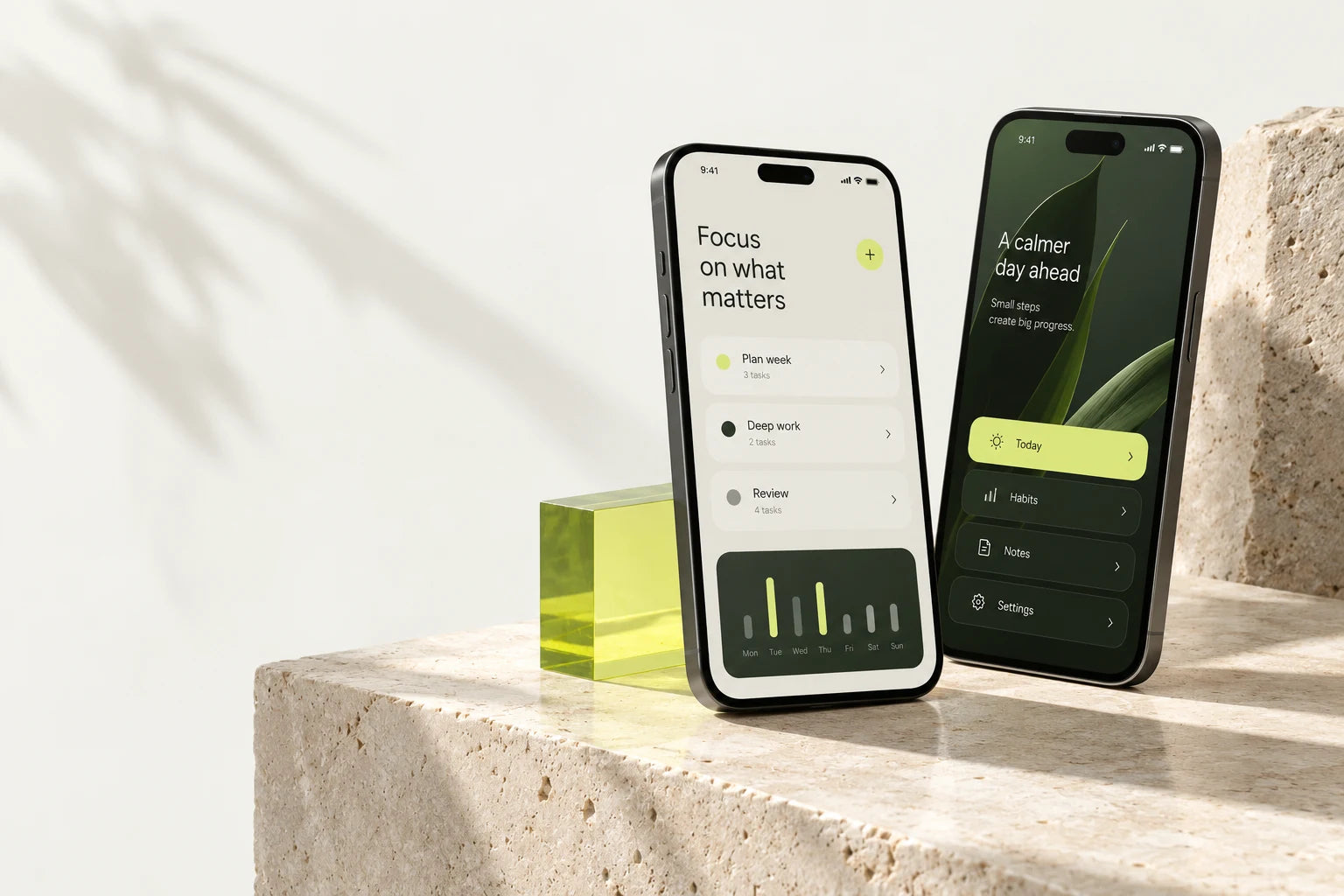 Illustrative product photograph of mobile interfaces on two smartphones