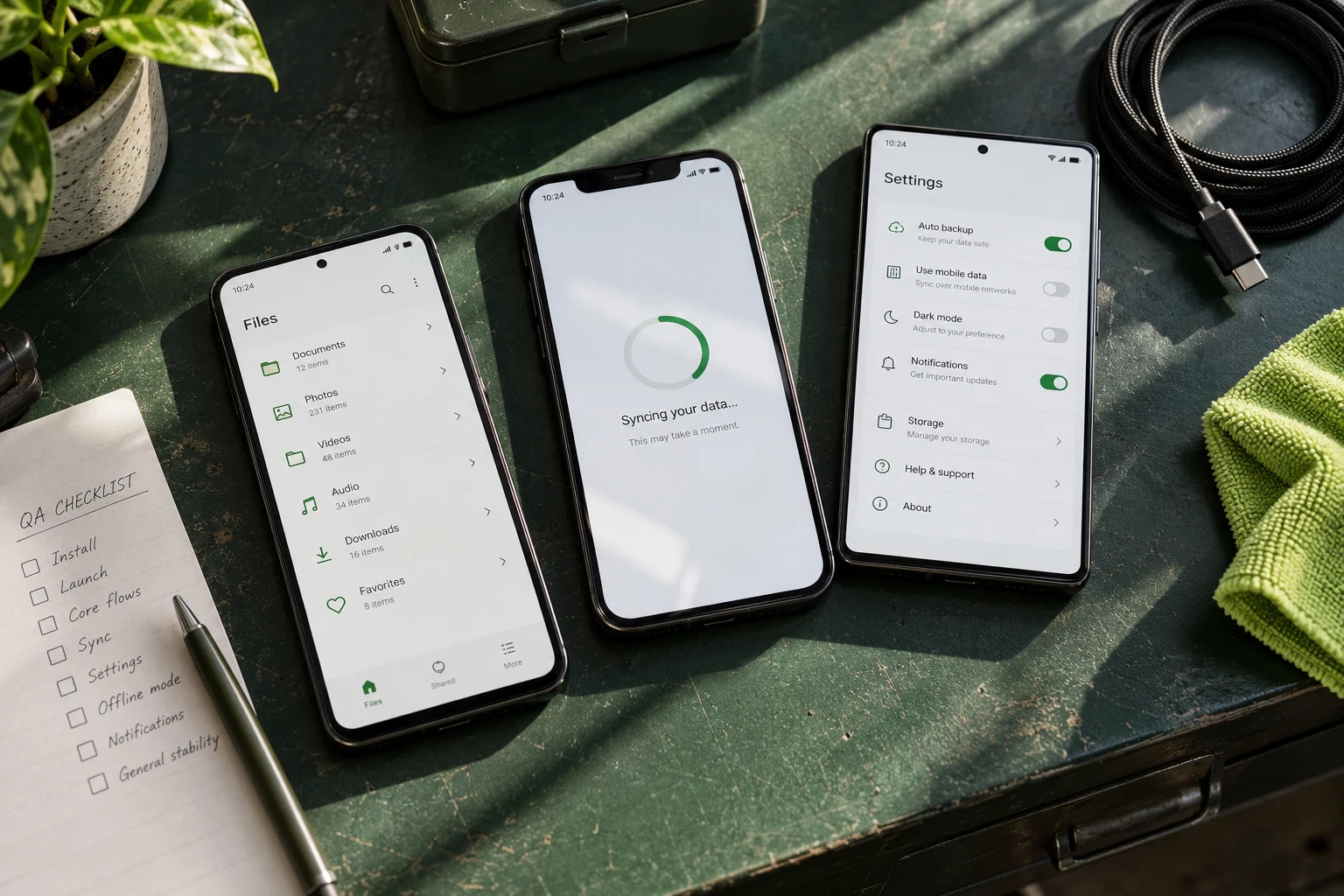 Illustrative mobile device testing setup with a release checklist